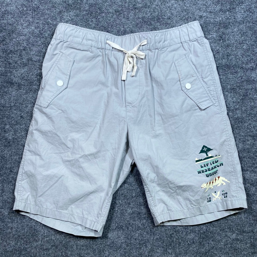 LRG Lifted Research Group Mens XL Light Grey Graphic Cotton Drawstring Shorts